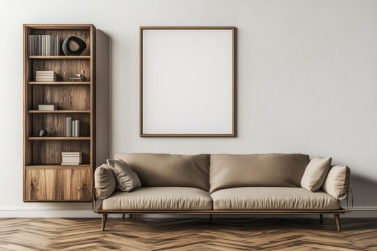 A mockup of an interior with a brown seat and bookshelf in a living room