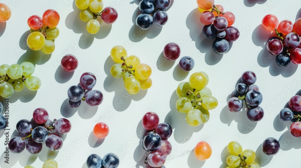 Poster Assorted grapes scattered on a clean surface, creating a pattern of vibrant colors and textures
