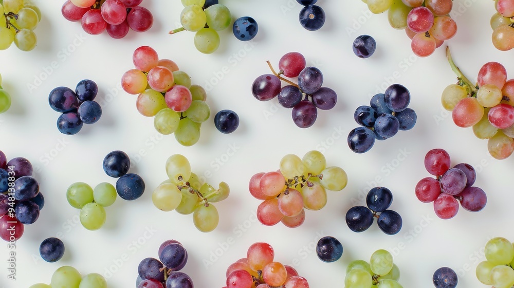 Poster Assorted grapes scattered on a clean surface, creating a pattern of vibrant colors and textures