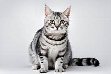 A charming american shorthair cat with a silver tabby coat and bright eyes sitting on a white background, AI Generated