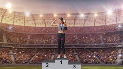 Full Body Of Asian Woman With A Gold Medal And Trophy Flexing Her Bicep And Smiling To Camera At The Stadium