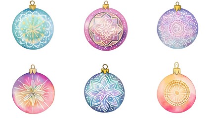 Boho Mandala Christmas Ornament Set Watercolor Clipart
