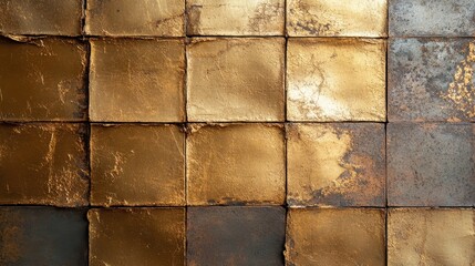 A detailed shot of rough golden tiles, showcasing the shimmering metallic finish and varied...