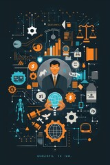 Obraz premium A digital representation of a businessman holding a globe surrounded by technology and law symbols in a modern design