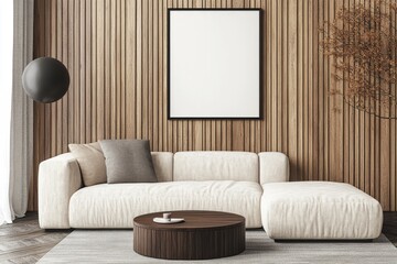 Living room interior with white empty poster and sofa
