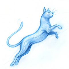 Naklejka premium Sleek blue cat leaping gracefully in a minimalist style against a white background