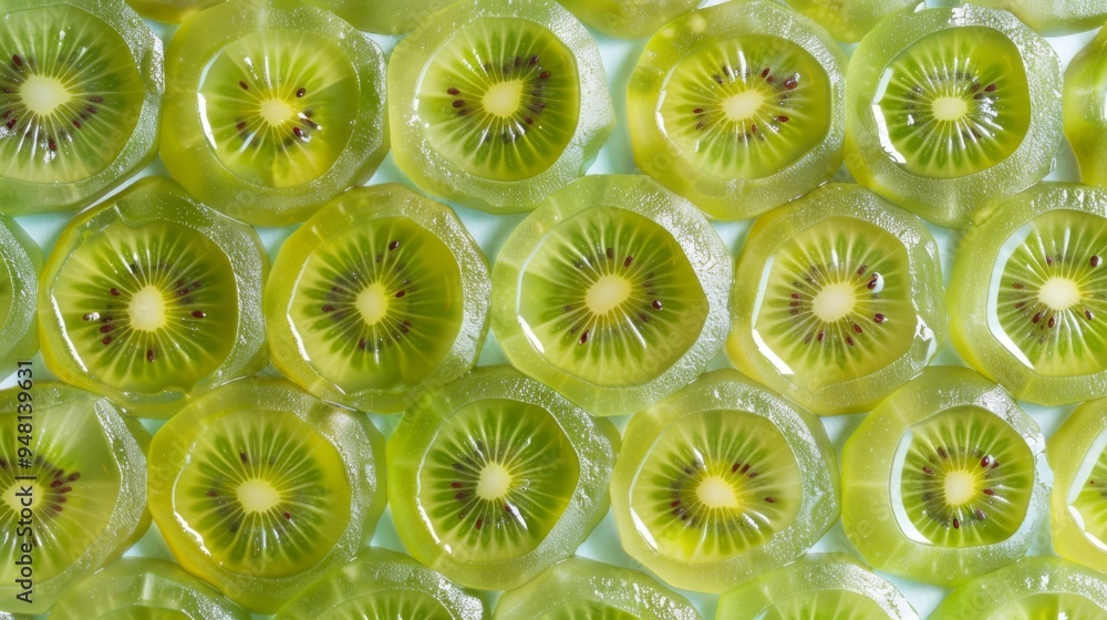 Poster bright green kiwi fruit pieces arranged in a pattern emphasizing texture