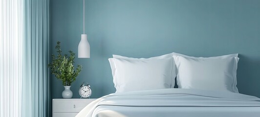 Interior of a modern bedroom with a white bed and an alarm clock on the nightstand. 