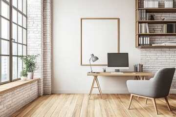 Fototapeta premium White poster hanging in a bright office room