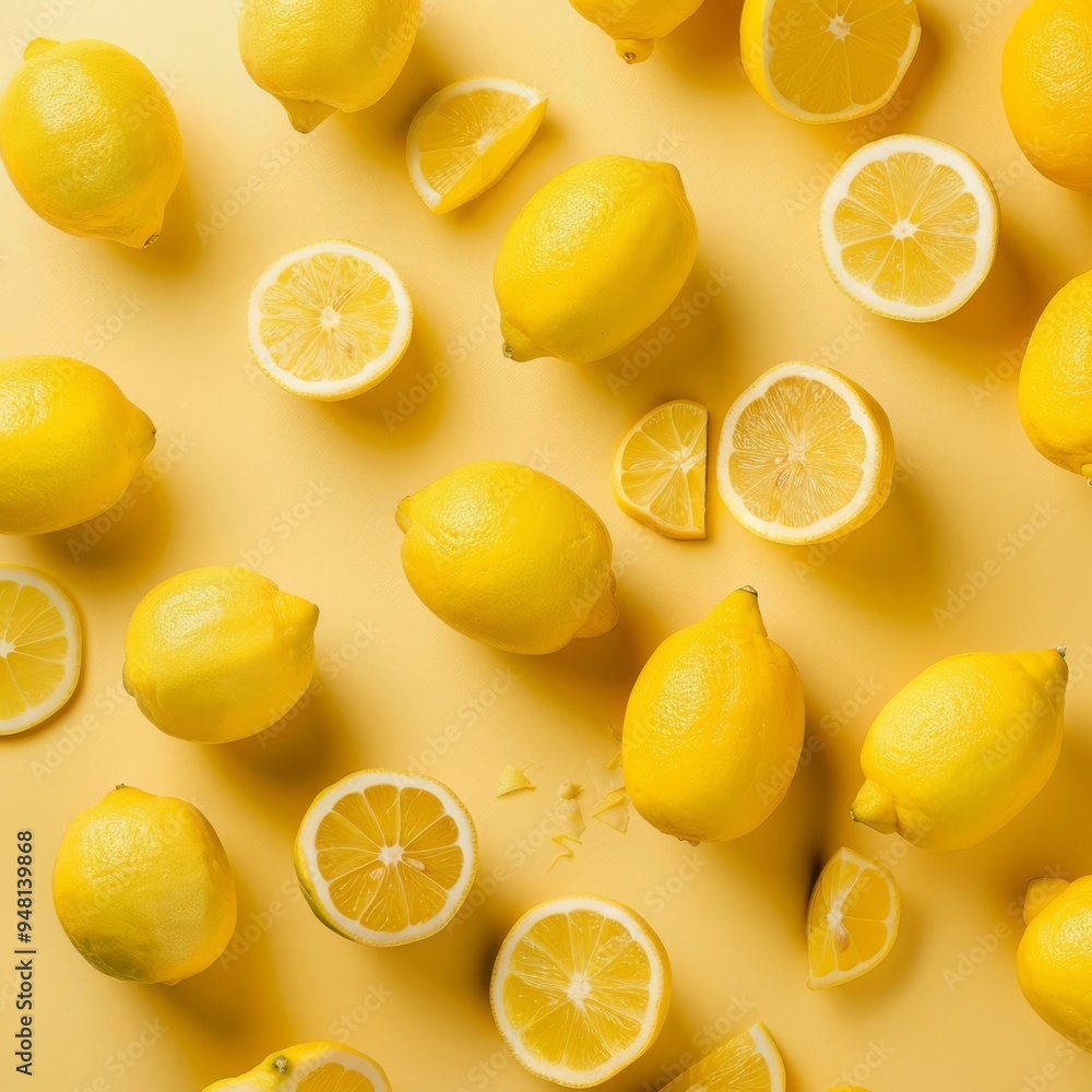 Poster bright lemon background featuring a scattered arrangement of whole lemons and lemon slices, with the