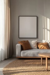 Decorative sunlight shadow reflections on a neutral wall with an abstract painting. Elegant living room decor including a comfortable sofa and pillows.