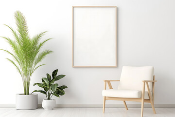 A white chair sits in front of a large empty picture frame