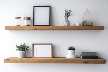 Fototapeta premium Shelf decorated on a white wall. Swedish hygge interior concept with picture frames, candles, fragrance, vases, books, candles, and fragrances on the shelf.