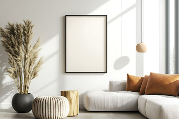 A white room with a black framed picture on the wall
