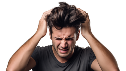 Stressed businessman with a migraine holds his head in pain isolated on transparent background