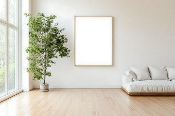 A white living room with a large white couch and a potted plant Blank Photo frame