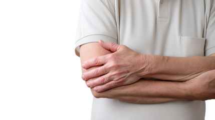An elderly man with arthritis holding his elbow, He is in a pained posture, his hands showing signs of discomfort. Isolated on transparent background 