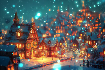 Fototapeta premium Festive Snowy Village Illuminated with Warm Lights During Winter Night