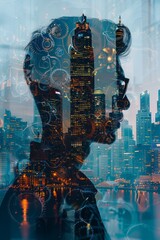 Silhouette of a thoughtful person with a city skyline and gears reflecting creativity at dusk