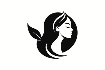 A minimalist logo design of a woman's face in profile with a single leaf behind her ear