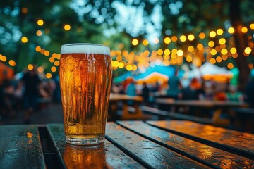 A glass of beer on an outdoor wooden table in the foreground, with background People in the garden are enjoying Oktoberfest beer 