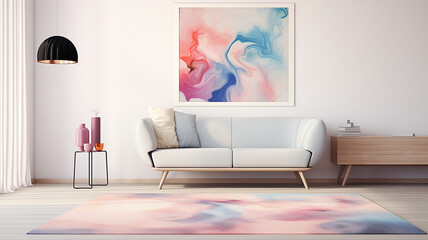 Contemporary area rug with abstract pastel designs in living room