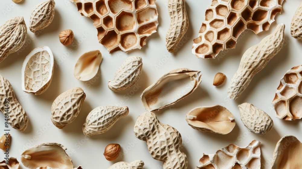Poster Close-up of a collection of peanut shells and whole peanuts, arranged to create an interesting texture pattern