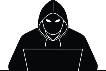 A hacker wearing a black hoodie and mask is sitting in front of a laptop