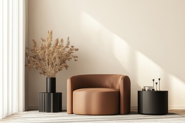 A light room design project with dark brown armchairs and beige walls. Pastels and milky ivory tones are a trend for 2023. Large lounge with accent black candles. Space for a mock up picture,