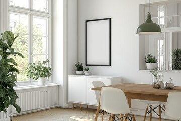 Fototapeta premium An empty white poster hangs on the wall, an oak parquet floor covers part of the room, and there are three chairs, spoons, and liquid soap. This is a mockup of a modern minimalist kitchen.