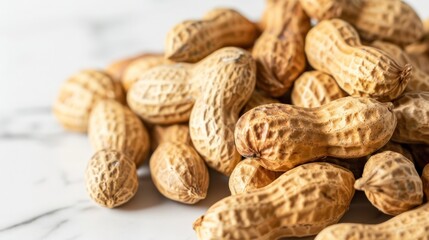 Close-up of a handful of raw peanuts, showcasing their light brown skin and slightly wrinkled texture