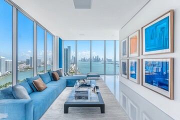 Fototapeta premium A bright minimalist white interior with designer sofas and floor-to-ceiling windows provides a modern living area with views of the bay and city.