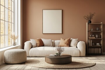 White poster in an empty living room interior