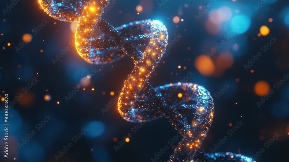 Poster a mesmerizing close-up of a dna spiral illuminated with vibrant blue and orange particles, creating 