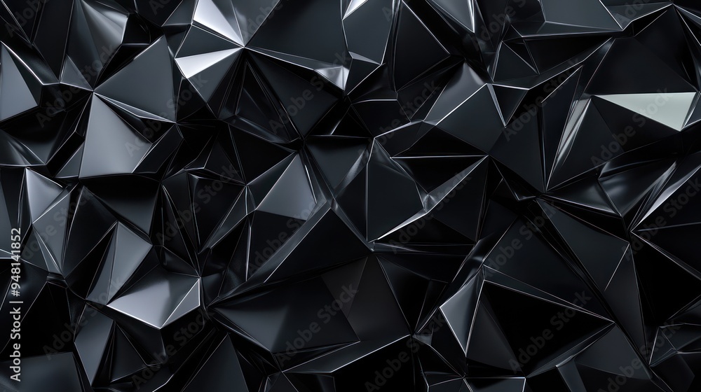 Poster a stunning abstract surface of sharp, glossy black polygons, creating a dynamic and modern aesthetic