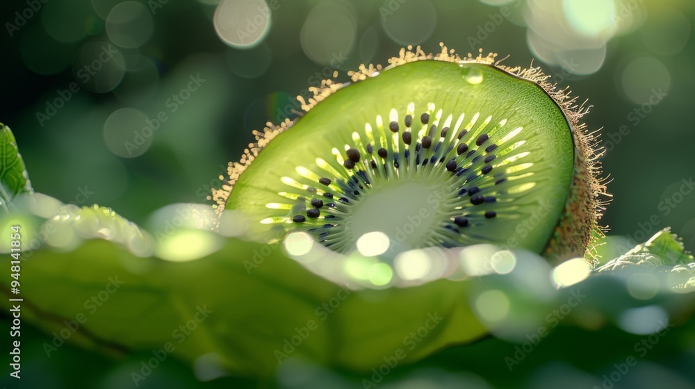 Poster close-up of a single kiwi fruit slice highlighting its vibrant color and detail