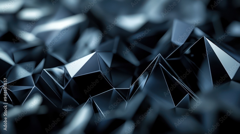 Poster abstract close-up of sharp, reflective black pyramids creating a modern, dynamic texture.