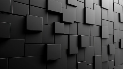 Abstract black wall with varying square shapes creating depth and texture.