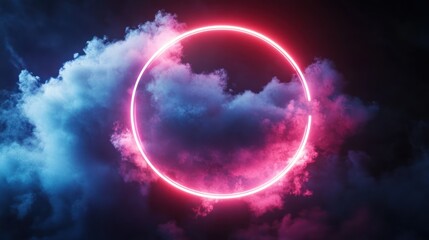 A glowing neon circle surrounded by vibrant pink and blue clouds.