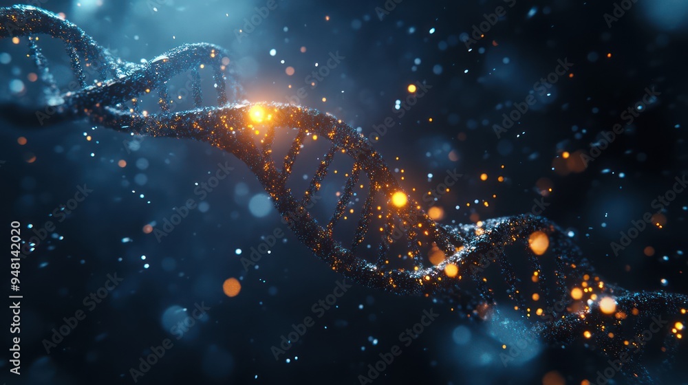 Aufkleber an abstract representation of dna strands illuminated by glowing particles against a dark background