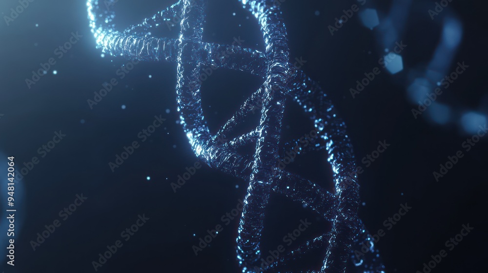 Poster close-up view of a double helix structure, representing dna, with a shimmering blue glow and soft bo
