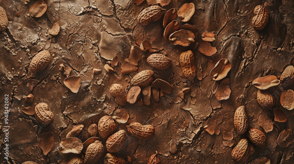 Poster close-up of a textured surface covered with scattered peanuts in their shells, highlighting the natu