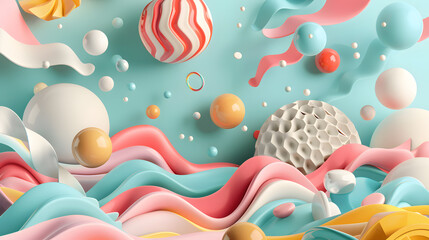 Dynamic abstract backgrounds with a blend of geometric and organic forms, vibrant and pastel color palettes. 3D illustration capture the flow of shape and pattern, harmony and elegance to the design.