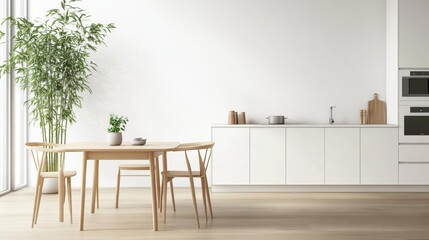 Interior design concept idea for Zen interior with potted bamboo plant, Japanese minimalist kitchen with island, modern architecture concept idea