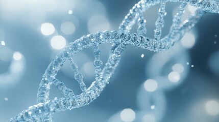 A detailed representation of a DNA double helix structure made of sparkling water droplets, with a soft blue background.