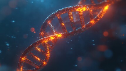 A stunning close-up of a luminous DNA double helix, showcasing intricate details and glowing particles against a deep blue backdrop.