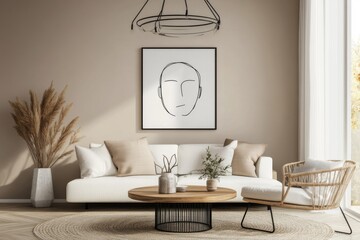 This template features a mocked up poster frame, white sofa, round coffee table, wooden bench, vase with branch, stucco wall, personal accessories, and a mock up poster frame.