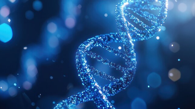 A glowing DNA helix spirals through a dreamy blue background, symbolizing the essence of life and genetic science.