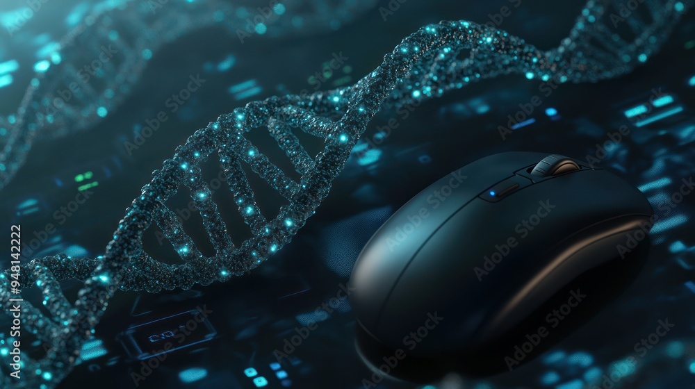 Poster a sleek black computer mouse resting next to a glowing dna strand, symbolizing the intersection of t