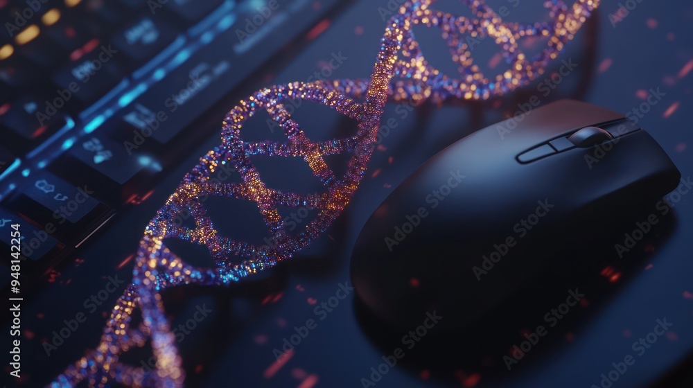 Poster a close-up of a computer mouse and keyboard, intertwined with a glowing dna strand, symbolizing the 